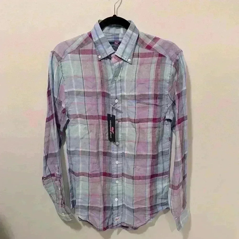 NWT Vineyard Vines 100% Linen Long Sleeve Button Down Plaid Shirt Men’s Size XS - Picture 2 of 13
